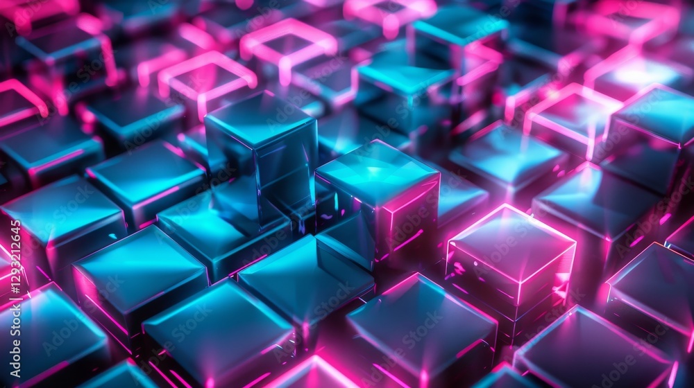Abstract neon glowing cubes background. Abstract Digital Cubes . Abstract background. Abstract futuristic. Digital art illustration. Futuristic technology. Digital technology. High Tech. Copy space Abstract neon glowing cubes background. Abstract Digital Cubes . Abstract background. Abstract futuristic. Digital art illustration. Futuristic technology. Digital technology. High Tech. Copy space