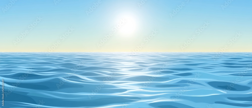 Fototapeta premium The image is of a calm ocean with a bright sun shining on the water
