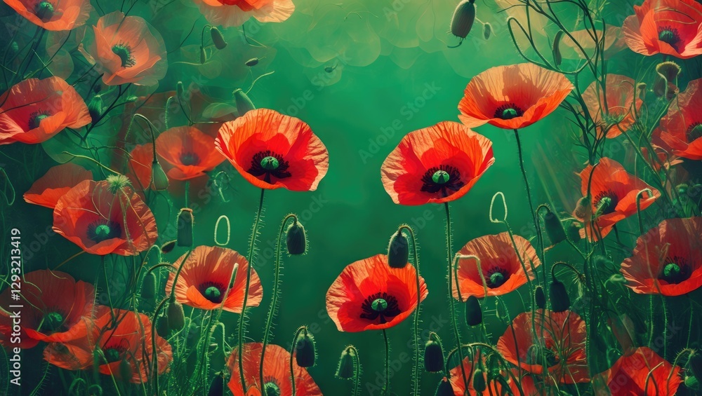 Obraz premium Vibrant red poppy flowers blooming in a dreamy green abstract landscape with soft bokeh for a serene artistic backdrop.