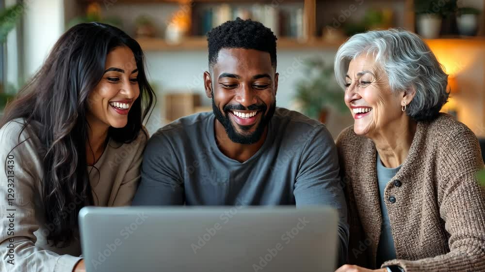 Family's Digital Moment: Three generations share smiles and laughter as they engage with a laptop, symbolizing connection, technology, and the warmth of family. Family's Digital Moment: Three generations share smiles and laughter as they engage with a laptop, symbolizing connection, technology, and the warmth of family.