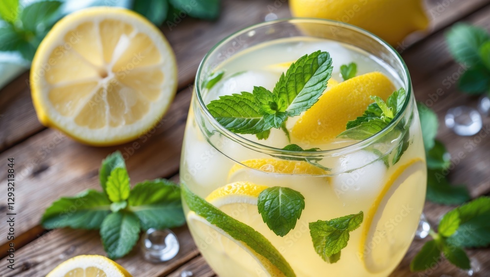 Refreshing Lemonade Drink with Lemon Slices and Mint Leaves on Wooden Table Decorated with Fresh Ingredients and Space for Text Refreshing Lemonade Drink with Lemon Slices and Mint Leaves on Wooden Table Decorated with Fresh Ingredients and Space for Text