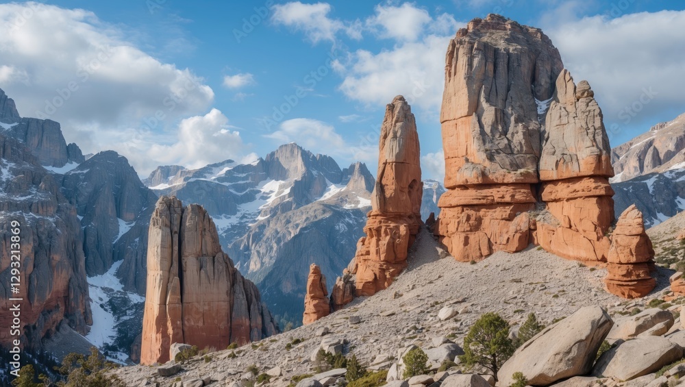 Fototapeta premium Majestic Rock Formations Surrounded By Scenic Mountains Under Blue Sky With Space For Text Overlay