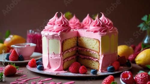 Colorful summer cake with pink cream and fresh berries on a brown background, featuring a slice revealing layers of delicious filling.
