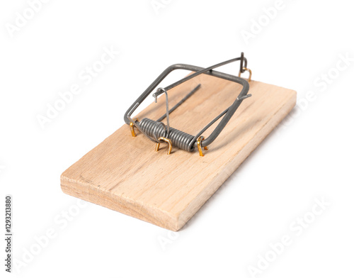 One spring-loaded bar mousetrap isolated on white