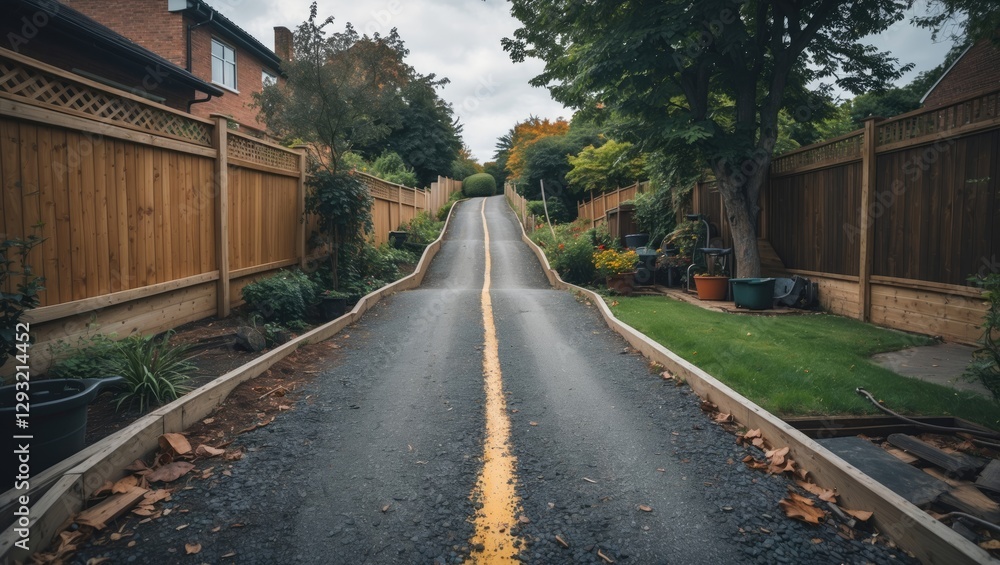 Obraz premium Scenic Backyard Roadway Curving Through Lush Greenery and Fences in a Quiet Residential Area