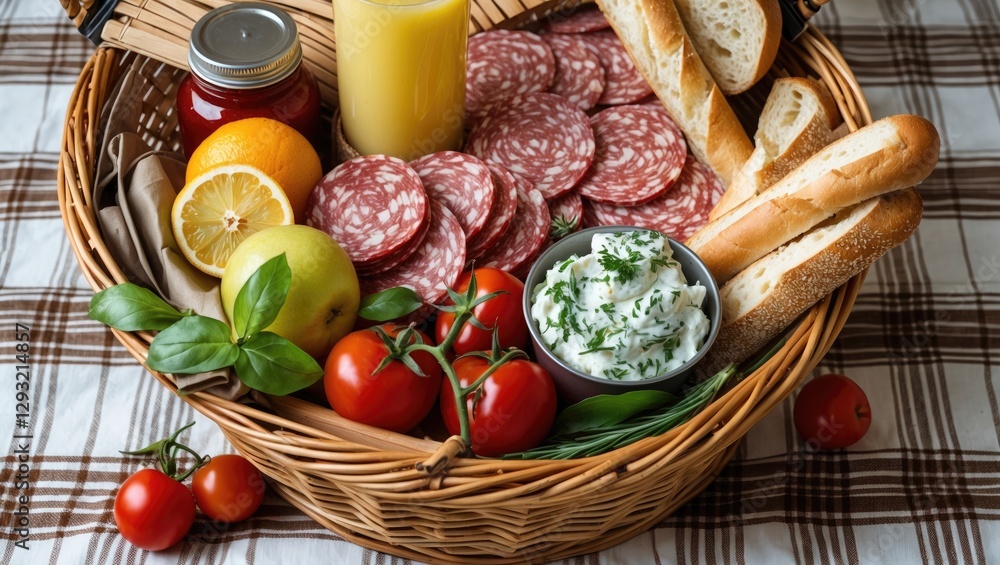 Rustic Picnic Basket Filled With Fresh Fruits, Spicy Salami, Baguettes, Cheese Spread, And Juice On A Checked Tablecloth Rustic Picnic Basket Filled With Fresh Fruits, Spicy Salami, Baguettes, Cheese Spread, And Juice On A Checked Tablecloth