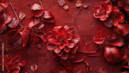 Vibrant red floral texture with intricate flowers and leaves creating a rich and elegant backdrop suitable for a variety of design themes.