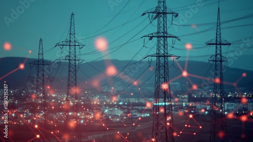 Glowing power grid nodes with a data center backdrop, symbolizing sustainable energy innovation.