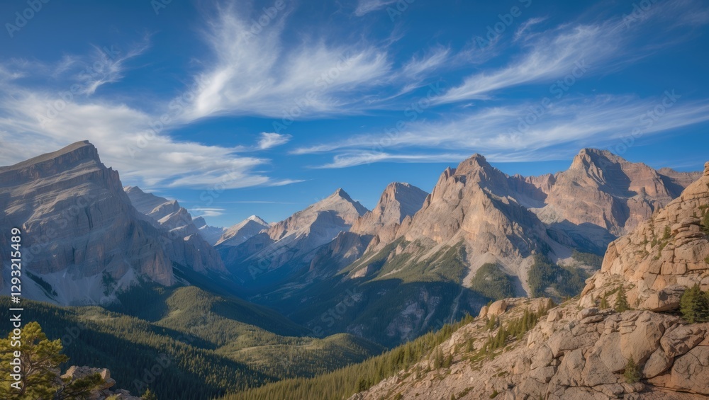 Majestic Rocky Mountains Under Clear Blue Sky with Serene Landscape and Dramatic Cloud Patterns Majestic Rocky Mountains Under Clear Blue Sky with Serene Landscape and Dramatic Cloud Patterns