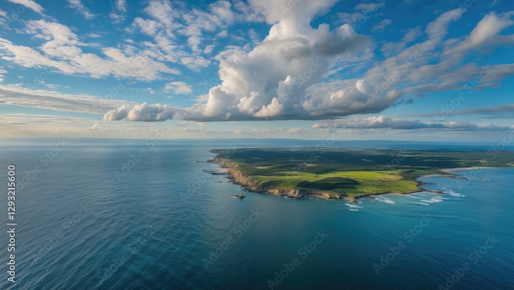 Fototapeta premium Breathtaking Aerial View Of Coastal Landscape With Lush Greenery Under A Blue Sky And Fluffy Clouds