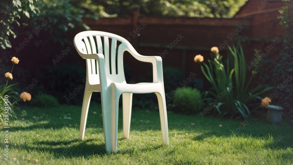 White plastic chair on lush green grass surrounded by flowers in a serene garden setting, ideal for outdoor relaxation and leisure. White plastic chair on lush green grass surrounded by flowers in a serene garden setting, ideal for outdoor relaxation and leisure.