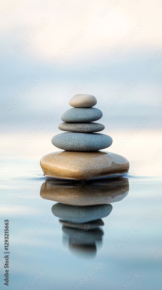Serene Stacked Stones in Water: A Moment of Peaceful Reflection Serene Stacked Stones in Water: A Moment of Peaceful Reflection