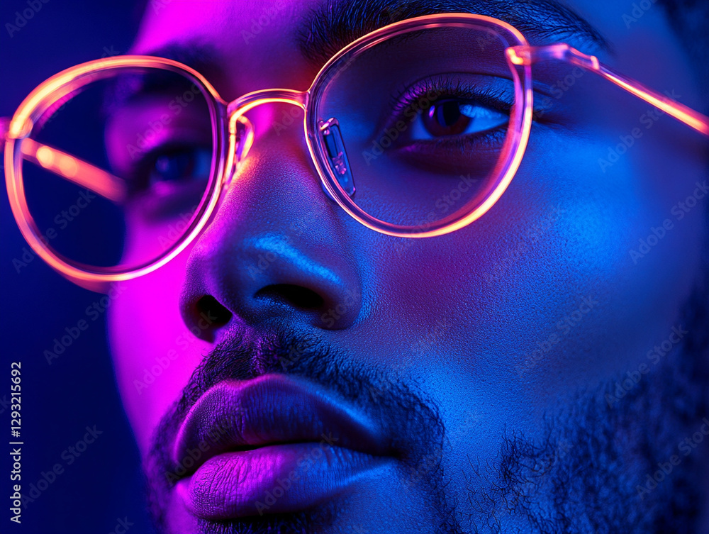 Man with glowing glasses in vibrant neon lighting Man with glowing glasses in vibrant neon lighting
