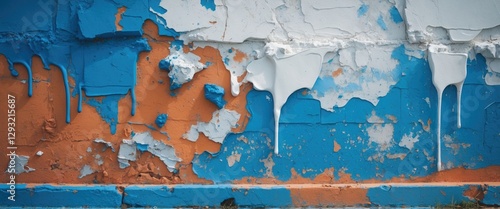 Peeling paint wall with white and blue colors creating an abstract texture in urban decay aesthetic