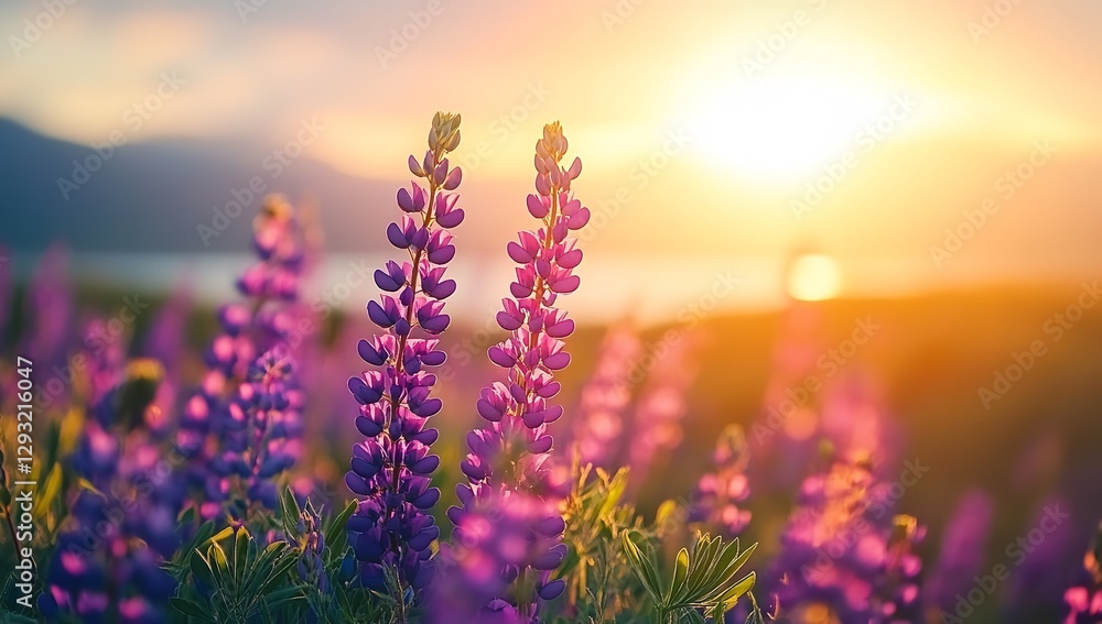 Naklejka premium A Close-Up View of Wild Lupine Flowers with Vibrant Purple and Pink Blooms, Featuring a Soft Green Background and Natural Lighting.