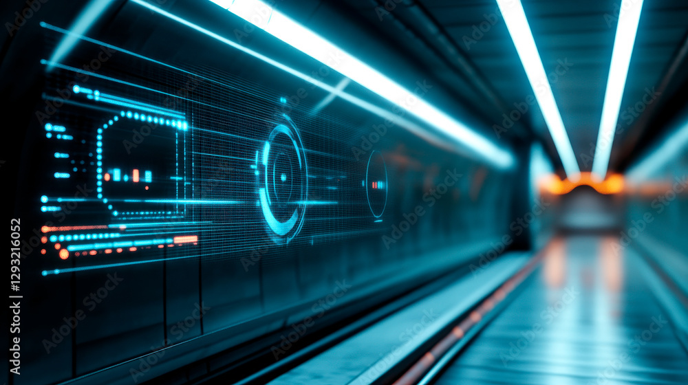 A futuristic corridor illuminated by blue lights with digital screens displaying data and graphics along the walls. A futuristic corridor illuminated by blue lights with digital screens displaying data and graphics along the walls.