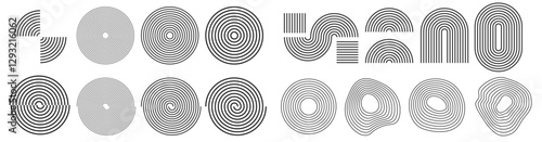 Abstract lines strokes stripes retro graphic design elements collection vector in minimalist simple boho decoration style, geometric symmetric shapes, handdrawn doodle circular spirals clip art set