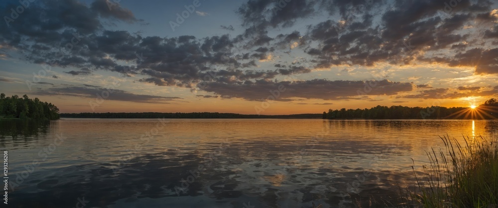 Fototapeta premium Serene Summer Sunset Reflection on Tranquil Lake with Expansive Sky and Empty Space for Custom Text Overlay