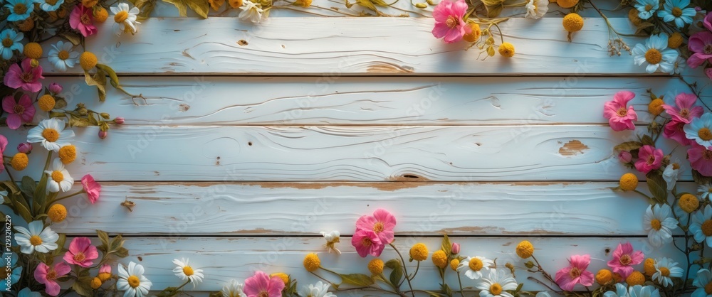 Floral border on weathered white wooden background for wedding invitations or spring-themed designs. Floral border on weathered white wooden background for wedding invitations or spring-themed designs.