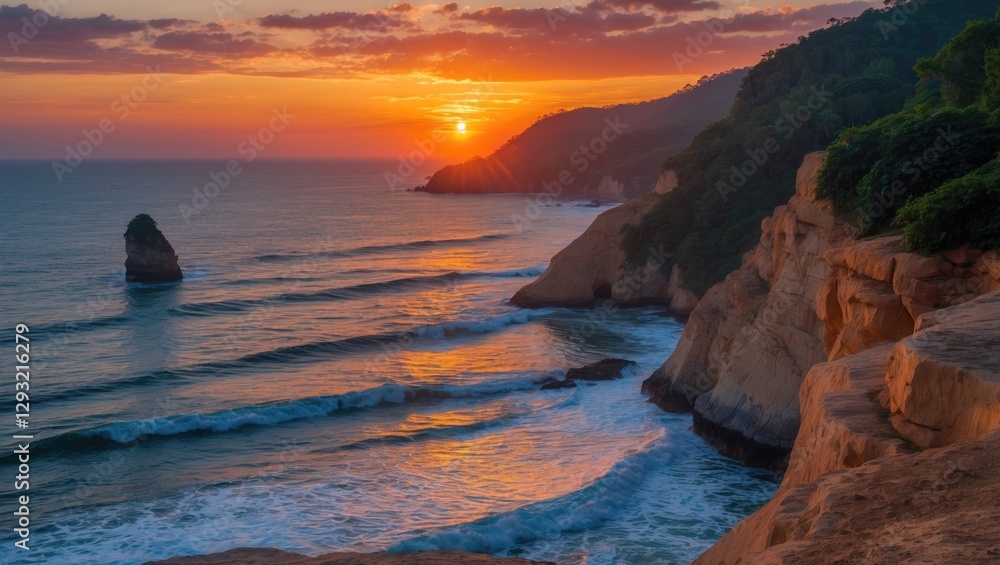 Obraz premium Stunning sunset over rocky coast with gentle waves and vibrant colors illuminating the sky, creating a serene coastal landscape at dusk.