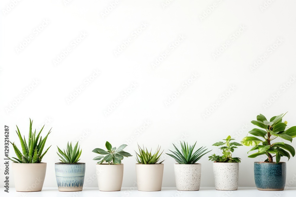 A neatly arranged lineup of indoor plants in minimalist ceramic pots on a white backdrop. A neatly arranged lineup of indoor plants in minimalist ceramic pots on a white backdrop.