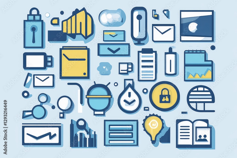 A neatly arranged vector illustration of marketing icons in a blue monochrome style. A neatly arranged vector illustration of marketing icons in a blue monochrome style.