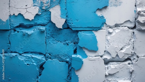 Abstract textured wall with blue and white cement in worn condition ideal for backgrounds and design projects.