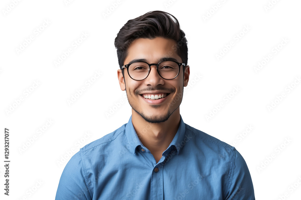 Portrait of young smiling Latin man wearing blue shirt and glasses Portrait of young smiling Latin man wearing blue shirt and glasses