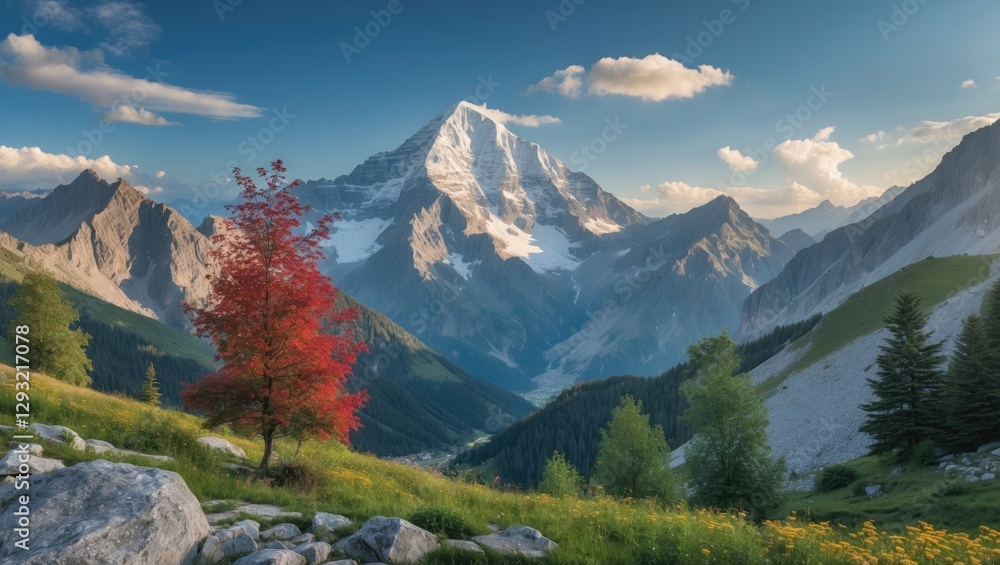 Obraz premium Majestic Mountain Landscape with Vibrant Autumn Foliage and Scenic Valley Under Clear Blue Skies in Summer Season.