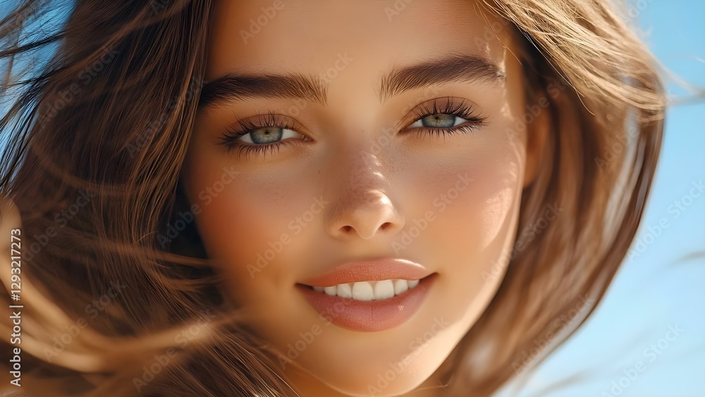 A close-up portrait of a young woman with flowing brown hair, bright blue eyes, and a warm smile against a blue sky backdrop. Concept Young Woman Portrait, Flowing Brown Hair, Bright Blue Eyes A close-up portrait of a young woman with flowing brown hair, bright blue eyes, and a warm smile against a blue sky backdrop. Concept Young Woman Portrait, Flowing Brown Hair, Bright Blue Eyes