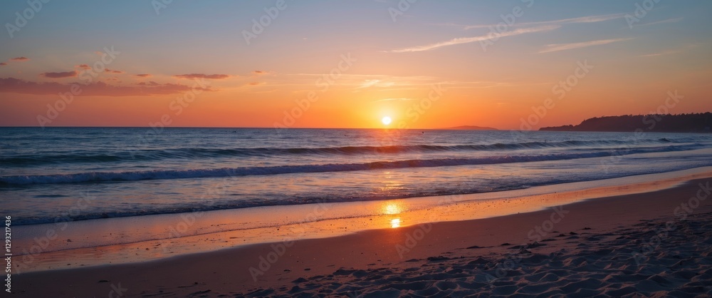 Fototapeta premium Tranquil Sunset Over Serene Beach Waves Reflecting Warm Hues on Sandy Shoreline Peaceful Evening Atmosphere Relaxing Coastal View