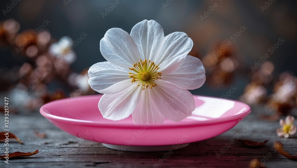 Delicate White Flower on Pink Saucer with Soft Background and Subtle Floral Accents in Still Life Setting Delicate White Flower on Pink Saucer with Soft Background and Subtle Floral Accents in Still Life Setting