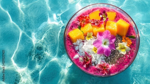 Tropical smoothie bowl with mango and flowers on blue water, summer vibes, Generated AI