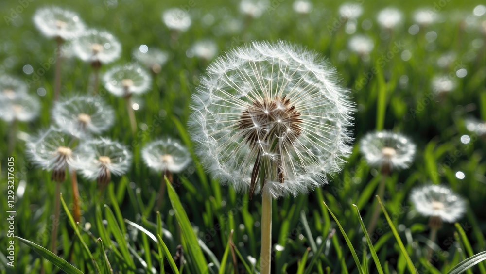 Fototapeta premium Dandelion Puff Flower Against Lush Green Grass Under Bright Sunshine Capturing Nature's Beauty in a Serene Garden Setting