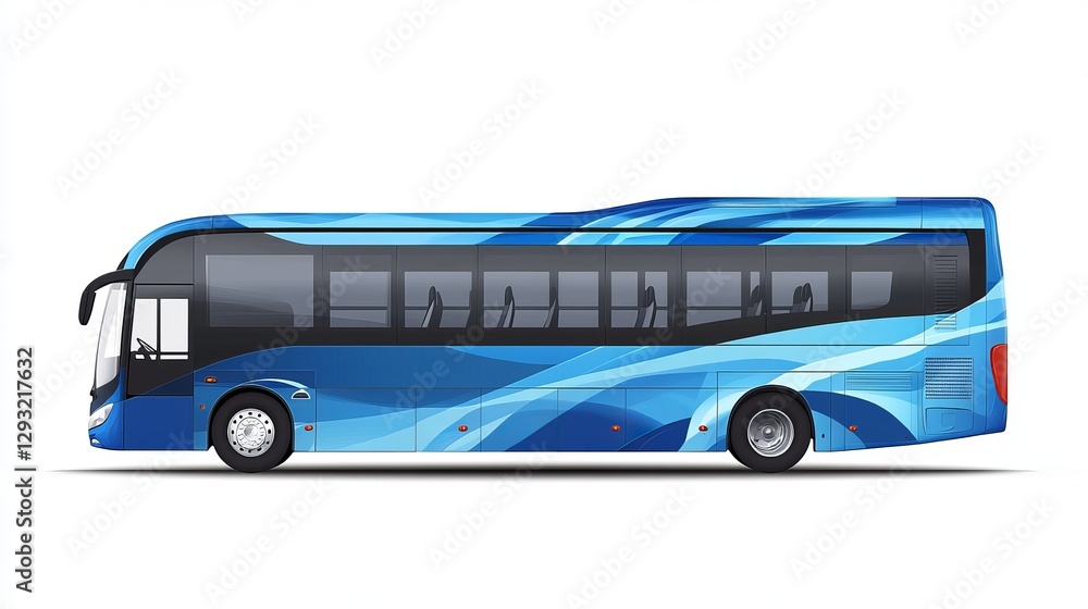 A realistic vector mockup of a coach bus featuring an abstract blue design, perfect for brand identity and advertising on passenger transport. Side view branding template A realistic vector mockup of a coach bus featuring an abstract blue design, perfect for brand identity and advertising on passenger transport. Side view branding template