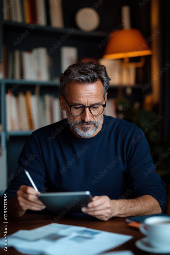 Focused businessman working with digital tablet and stylus in home office Focused businessman working with digital tablet and stylus in home office