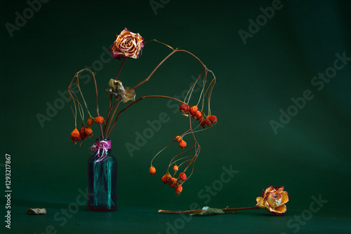 Still life with red rose hips close-up.