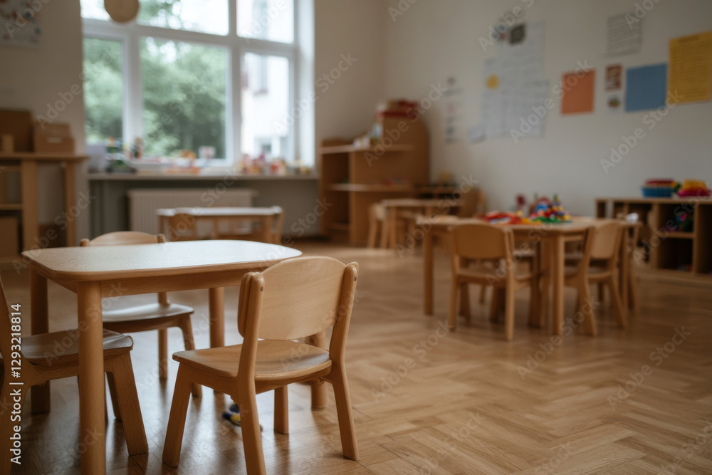 Empty kindergarten classroom with small wooden tables and chairs Empty kindergarten classroom with small wooden tables and chairs