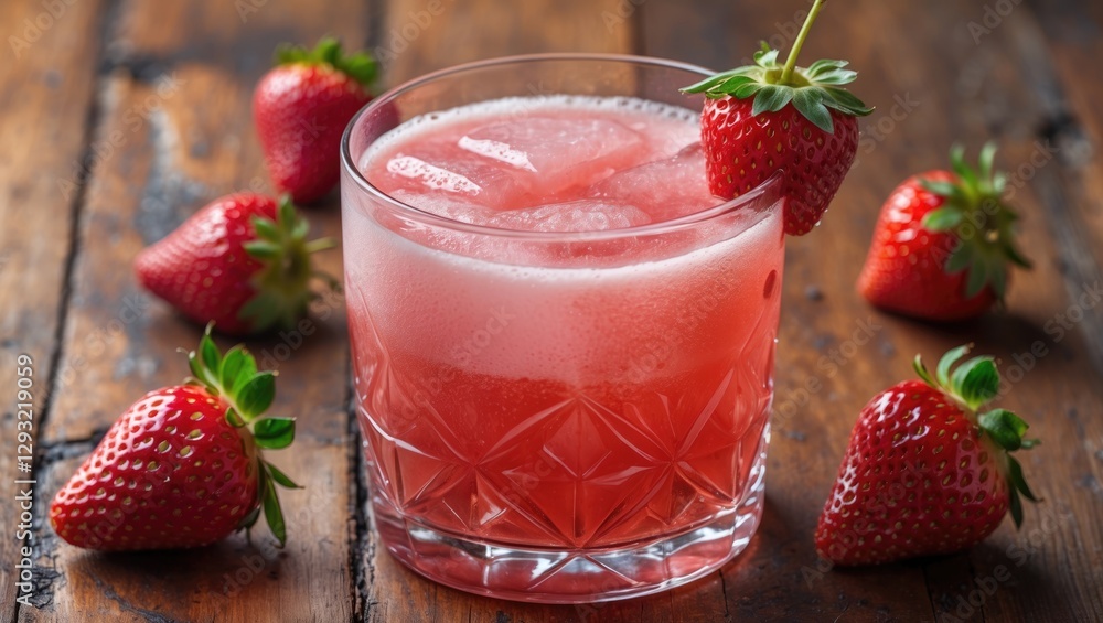 Fresh Strawberry Juice Cocktail in Glass Surrounded by Strawberries on Rustic Wooden Table with Space for Text or Branding Fresh Strawberry Juice Cocktail in Glass Surrounded by Strawberries on Rustic Wooden Table with Space for Text or Branding