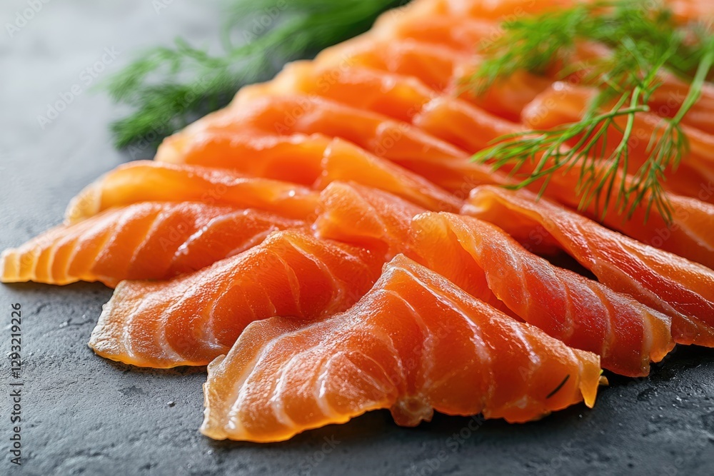 Close-up of Sliced Salmon with Dill, Gourmet Appetizer, Seafood Delicacy, Healthy Food, Orange and Green Colors Close-up of Sliced Salmon with Dill, Gourmet Appetizer, Seafood Delicacy, Healthy Food, Orange and Green Colors
