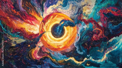 Colorful, swirling sun radiates abstractly into varied backgrounds 