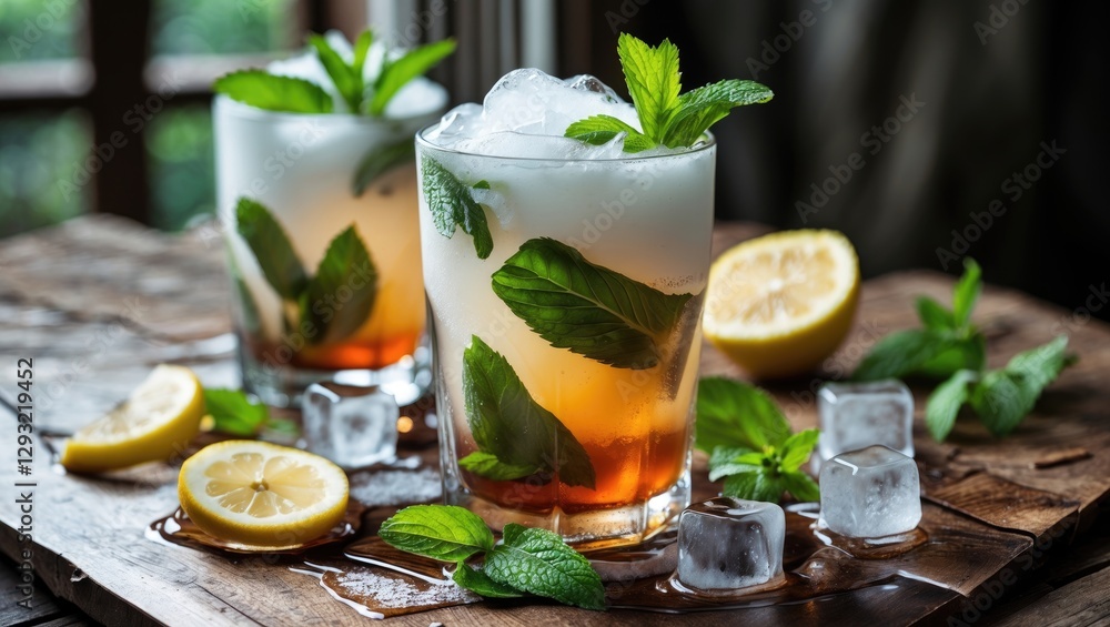 Refreshing Iced Tea with Mint Leaves, Lemon Slices and Ice Cubes Served on a Wooden Table in a Cozy Setting Refreshing Iced Tea with Mint Leaves, Lemon Slices and Ice Cubes Served on a Wooden Table in a Cozy Setting