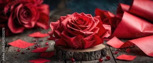 Elegant red paper rose arrangement on rustic wood with decorative petals and wrapping, perfect for romantic or artistic themes.