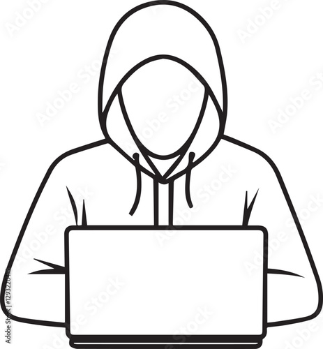 Computer hacker with laptop icon, Spy agent searching sign, symbol, logo, illustration, editable stroke, flat design style isolated on white