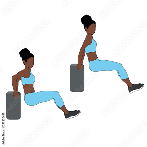 A Black African woman in blue clothing doing tricep dips exercise. Flat vector illustration isolated on white background