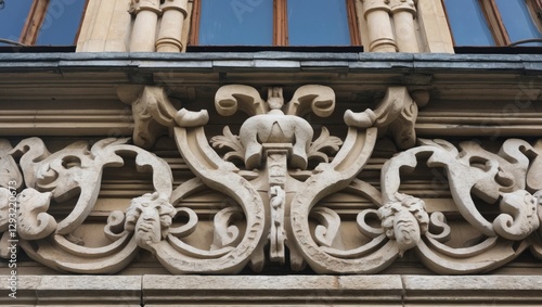 Intricate stone ornamentation featuring floral and animal motifs on a historic building facade showcasing architectural elegance.