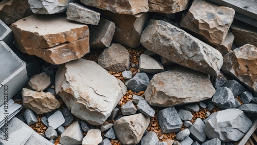 Scattered stones and building materials creating an uneven surface suitable for construction or landscaping projects. photo