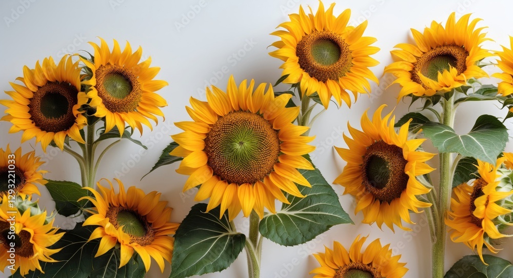 Vibrant Sunflowers Against a Neutral Background Showcasing Their Bright Yellow Petals and Lush Green Leaves in a Cheerful Arrangement Vibrant Sunflowers Against a Neutral Background Showcasing Their Bright Yellow Petals and Lush Green Leaves in a Cheerful Arrangement