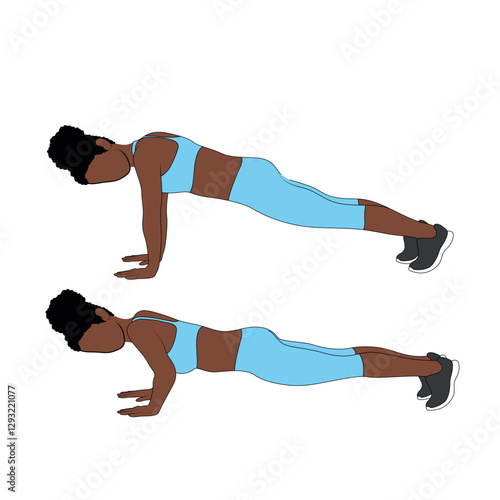 A Black African woman in blue clothing doing push ups exercise. Flat vector illustration isolated on white background