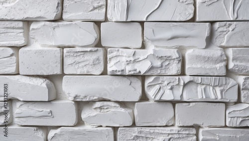 Textured white brick wall with layered paint exhibiting depth and volume for interior design or architectural backgrounds.